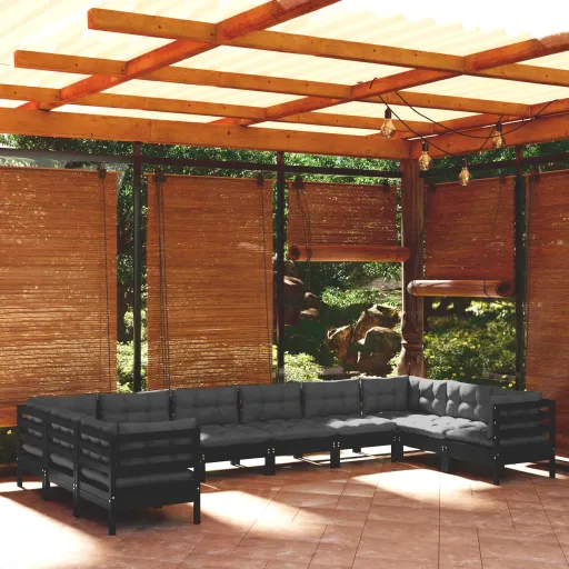 Conjunto Lounge de Jardim c/ Almofadões Pinho Preto (10 pcs)