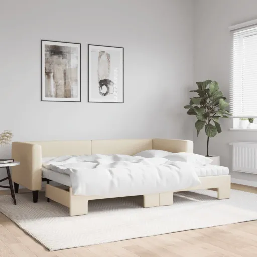 Sofá-Cama c/ Gavetão e Colchões 80x200 cm Tecido Cor Creme