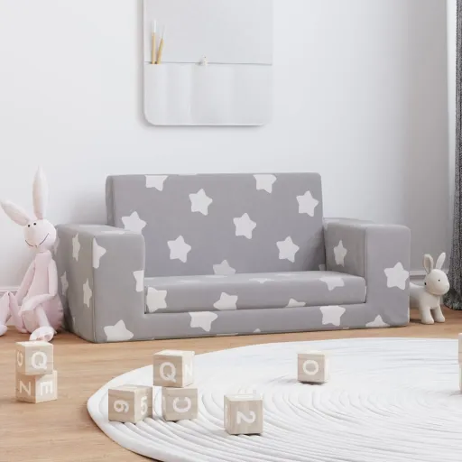 Sofá-Cama Infantil 2 Lugares c/ Estrelas Pelúcia Cinzento-Claro