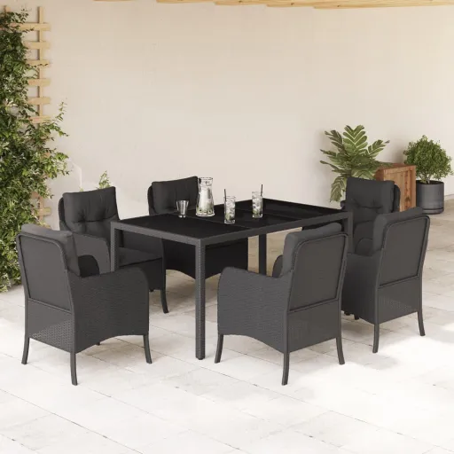 Conjunto de Jantar p/ Jardim c/ Almofadões Vime PE Preto (7 pcs)