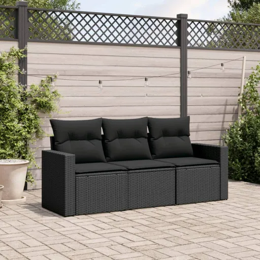 Conjunto Sofás de Jardim com Almofadões Vime PE Preto (3 pcs)