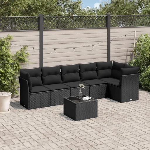 Conjunto de Sofás p/ Jardim c/ Almofadões Vime PE Preto (7 pcs)