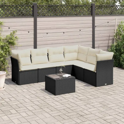 Conjunto de Sofás p/ Jardim c/ Almofadões Vime PE Preto (7 pcs)