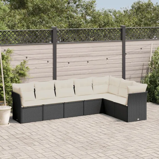 Conjunto de Sofás p/ Jardim c/ Almofadões Vime PE Preto (7 pcs)