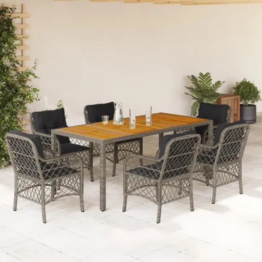 Conjunto de Jantar p/ Jardim c/ Almofadões Vime PE Cinza (7 pcs)