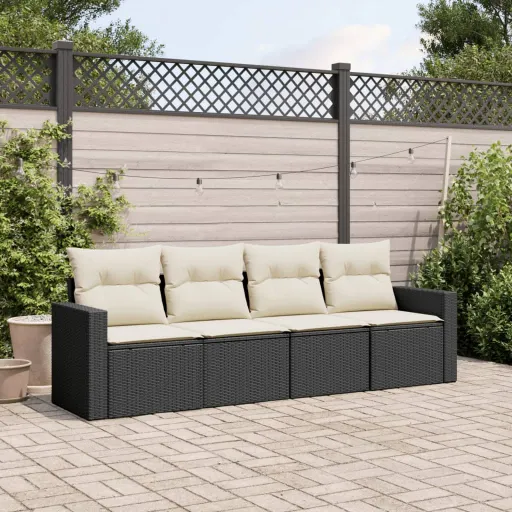 Conjunto de Sofás para Jardim c/ Almofadões Vime PE Preto (4 pcs)