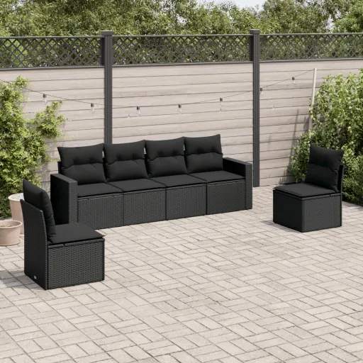 Conjunto Sofás de Jardim c/ Almofadões Vime PE Preto (6 pcs)