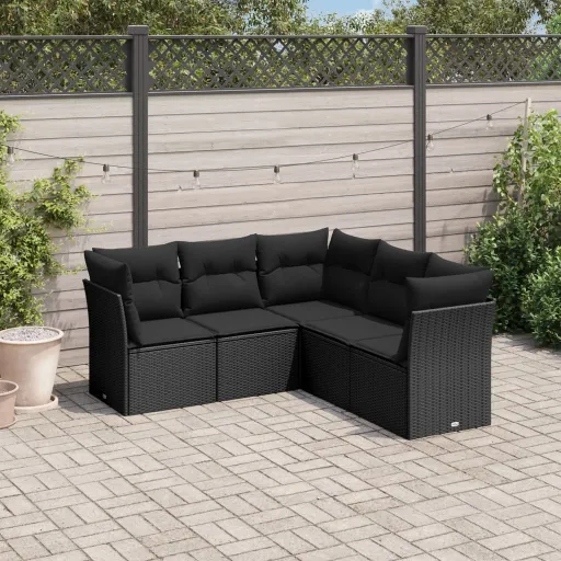 Conjunto Sofás de Jardim com Almofadões Vime PE Preto (5 pcs)