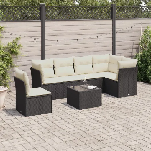 Conjunto de Sofás p/ Jardim c/ Almofadões Vime PE Preto (7 pcs)