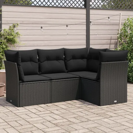 Conjunto de Sofás para Jardim c/ Almofadões Vime PE Preto (4 pcs)