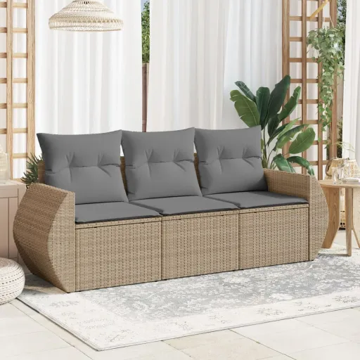 Conjunto de Sofás p/ Jardim com Almofadões Vime PE Bege (3 pcs)