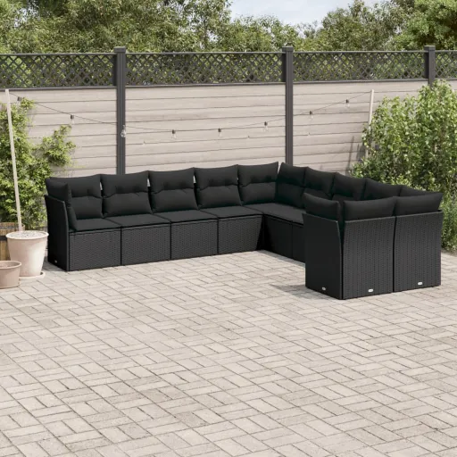 Conjunto Sofás de Jardim c/ Almofadões Vime PE Preto (10 pcs)