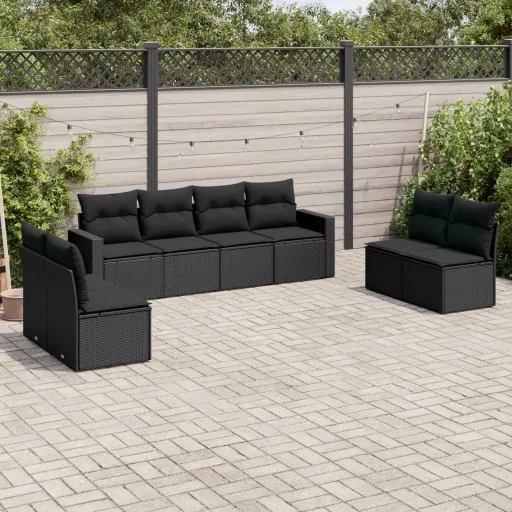 Conjunto Sofás de Jardim com Almofadões Vime PE Preto (8 pcs)