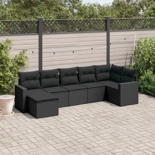 Conjunto de Sofás p/ Jardim c/ Almofadões Vime PE Preto (7 pcs)