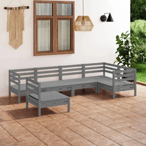 Conjunto Lounge de Jardim Pinho Maciço Cinzento (6 pcs)