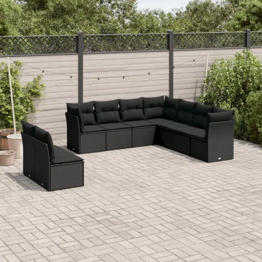 Conjunto de Sofás p/ Jardim c/ Almofadões Vime PE Preto (9 pcs)