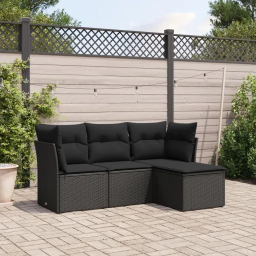 Conjunto de Sofás para Jardim c/ Almofadões Vime PE Preto (4 pcs)