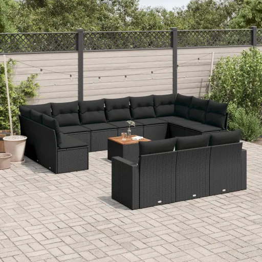 Conjunto de Sofás p/ Jardim c/ Almofadões Vime PE Preto (14 pcs)