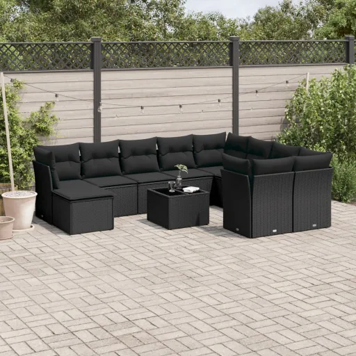 Conjunto Sofás de Jardim c/ Almofadões Vime PE Preto (11 pcs)