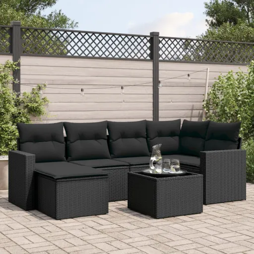 Conjunto de Sofás p/ Jardim c/ Almofadões Vime PE Preto (7 pcs)