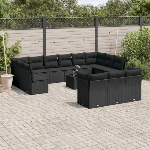 Conjunto de Sofás p/ Jardim c/ Almofadões Vime PE Preto (14 pcs)