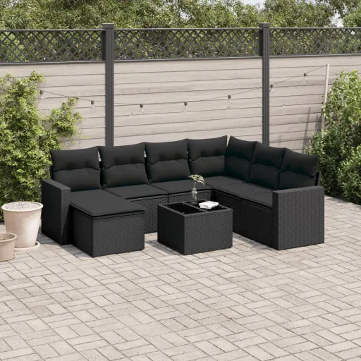 Conjunto Sofás de Jardim com Almofadões Vime PE Preto (8 pcs)