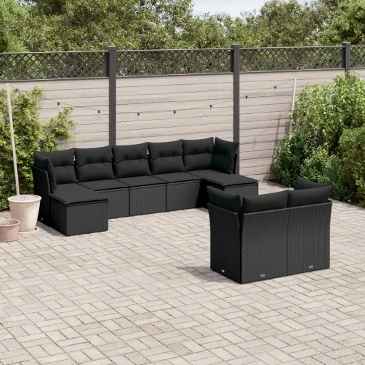 Conjunto de Sofás p/ Jardim c/ Almofadões Vime PE Preto (9 pcs)