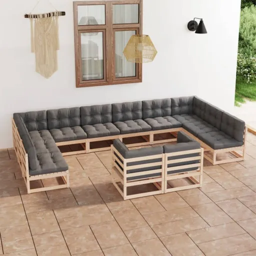 Conjunto Lounge de Jardim com Almofadões Pinho Maciço (12 pcs)