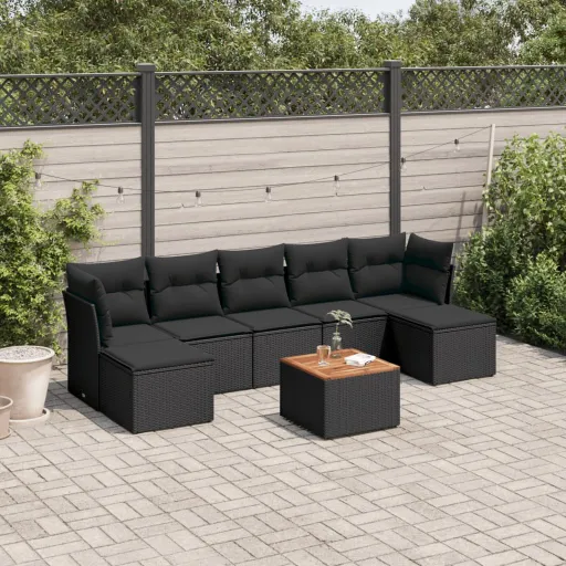 Conjunto Sofás de Jardim com Almofadões Vime PE Preto (8 pcs)