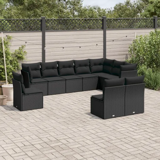 Conjunto Sofás de Jardim c/ Almofadões Vime PE Preto (10 pcs)