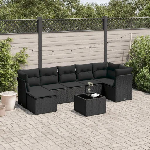 Conjunto Sofás de Jardim com Almofadões Vime PE Preto (8 pcs)