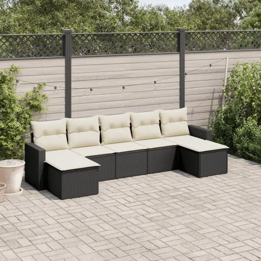 Conjunto de Sofás p/ Jardim c/ Almofadões Vime PE Preto (7 pcs)