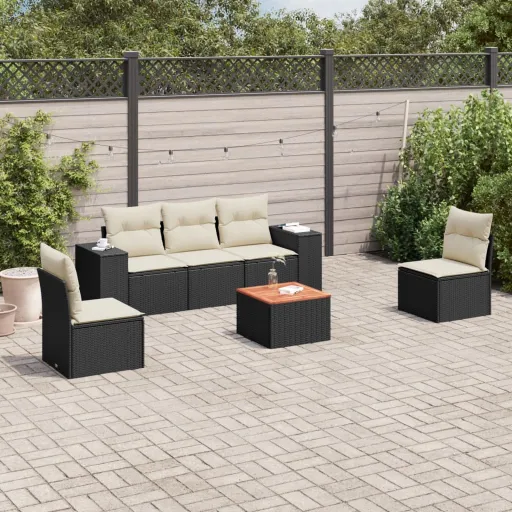 Conjunto Sofás de Jardim c/ Almofadões Vime PE Preto (6 pcs)