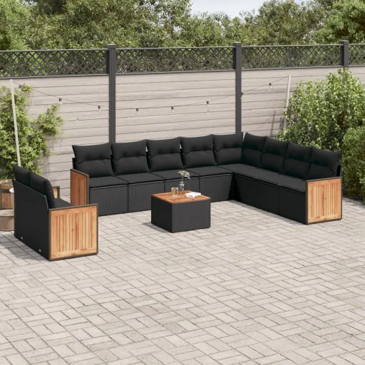 Conjunto Sofás de Jardim c/ Almofadões Vime PE Preto (11 pcs)