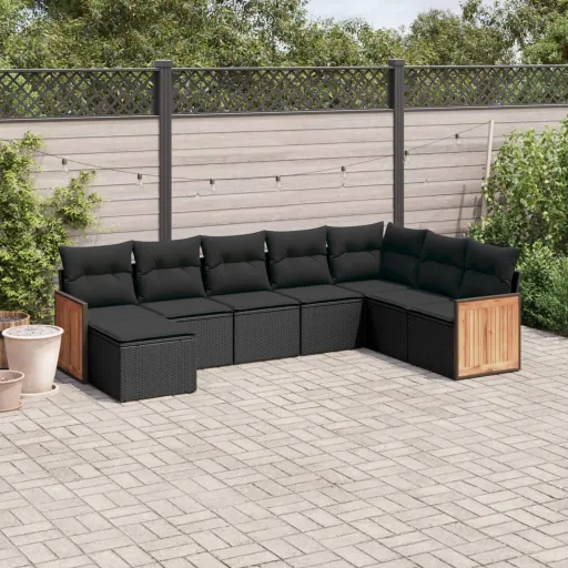 Conjunto Sofás de Jardim com Almofadões Vime PE Preto (8 pcs)