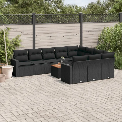 Conjunto Sofás de Jardim c/ Almofadões Vime PE Preto (11 pcs)