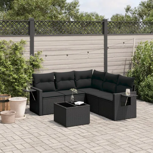 Conjunto Sofás de Jardim c/ Almofadões Vime PE Preto (6 pcs)