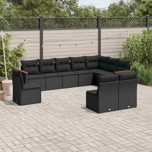 Conjunto Sofás de Jardim c/ Almofadões Vime PE Preto (10 pcs)