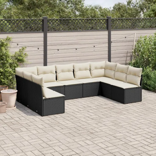 Conjunto de Sofás p/ Jardim c/ Almofadões Vime PE Preto (9 pcs)