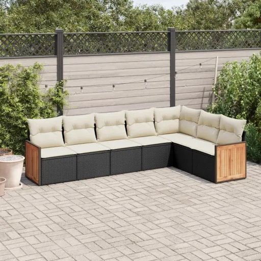 Conjunto de Sofás p/ Jardim c/ Almofadões Vime PE Preto (7 pcs)