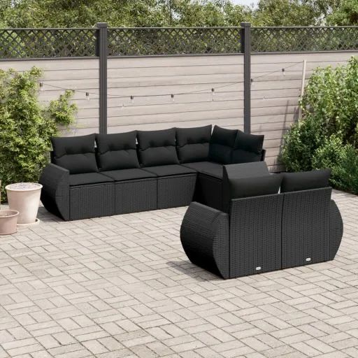 Conjunto de Sofás p/ Jardim c/ Almofadões Vime PE Preto (7 pcs)