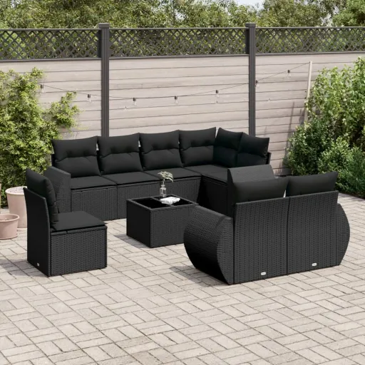 Conjunto de Sofás p/ Jardim c/ Almofadões Vime PE Preto (9 pcs)