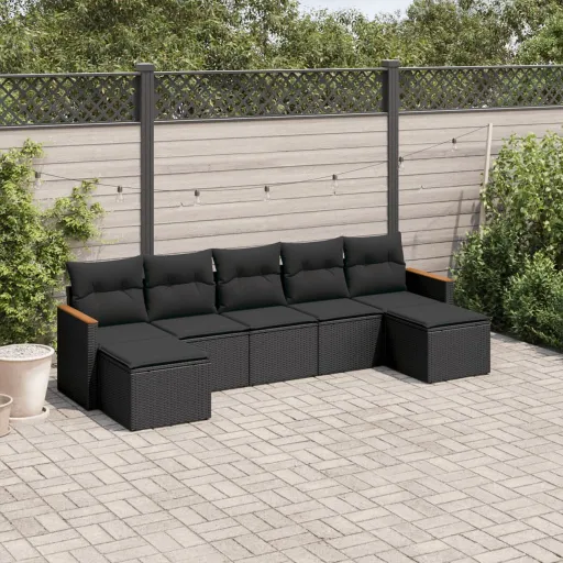 Conjunto de Sofás p/ Jardim c/ Almofadões Vime PE Preto (7 pcs)