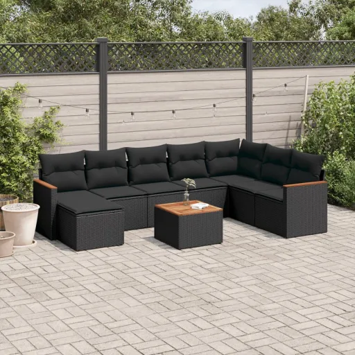 Conjunto de Sofás p/ Jardim c/ Almofadões Vime PE Preto (9 pcs)