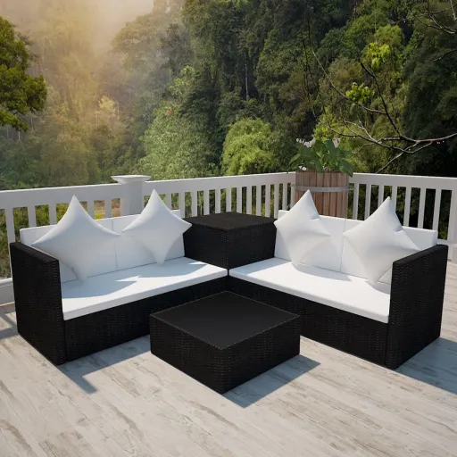 Conjunto Lounge de Jardim c/ Almofadões Vime PE Preto (4 pcs)