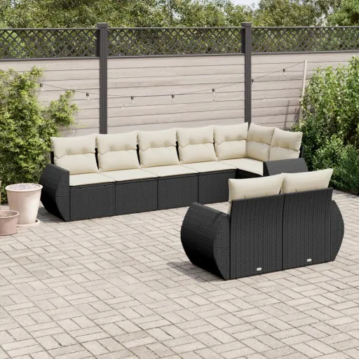 Conjunto Sofás de Jardim com Almofadões Vime PE Preto (8 pcs)