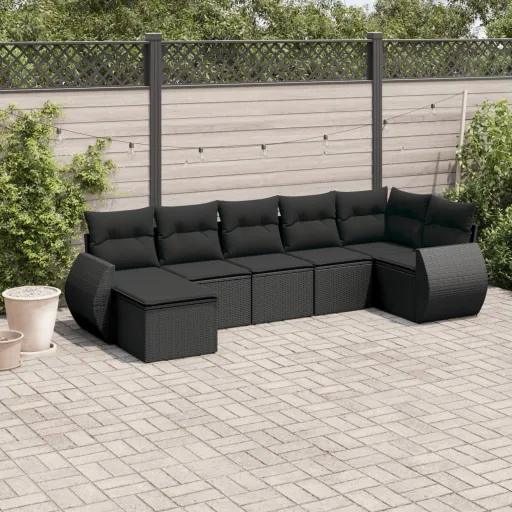 Conjunto de Sofás p/ Jardim c/ Almofadões Vime PE Preto (7 pcs)