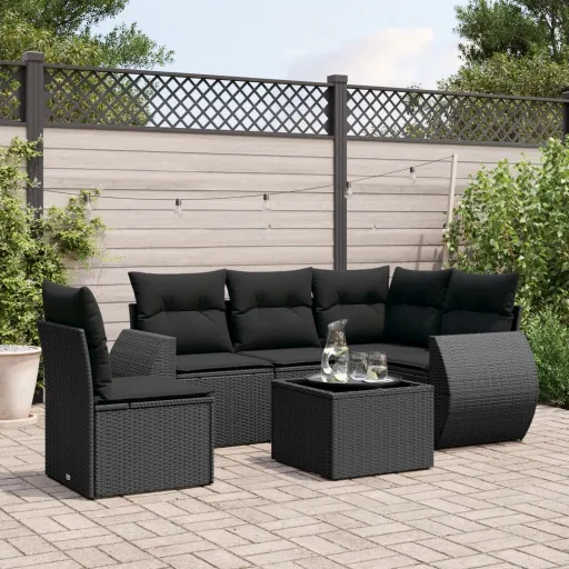 Conjunto Sofás de Jardim c/ Almofadões Vime PE Preto (6 pcs)