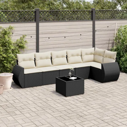 Conjunto de Sofás p/ Jardim c/ Almofadões Vime PE Preto (7 pcs)