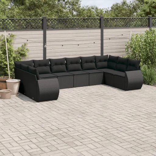 Conjunto Sofás de Jardim c/ Almofadões Vime PE Preto (10 pcs)